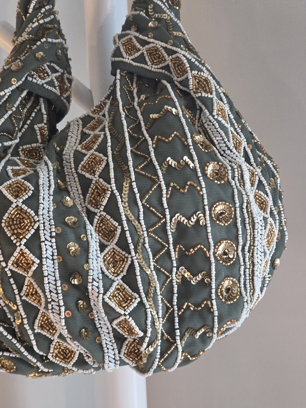 Zara Beaded Olive Green Hobo Bag - Elegant Handheld Shoulder Bag - Picture 2 of 7